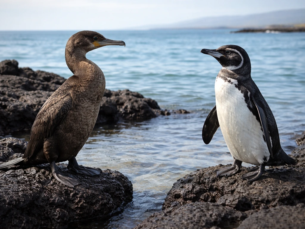 Side-by-side view of a flightless cormorant and a Galápagos penguin on rocky coastal shore.
