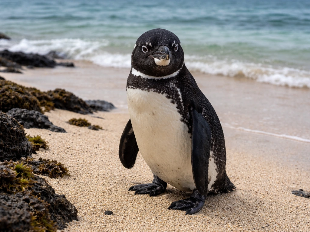 Small Galápagos penguin with black-and-white tuxedo plumage on a rocky sandy coast by the ocean.