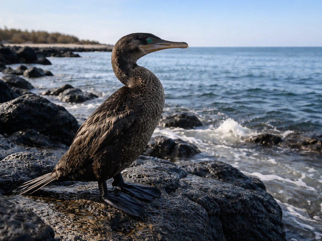 Flightless cormorant perched on rocky volcanic shore in the Galápagos western coast.