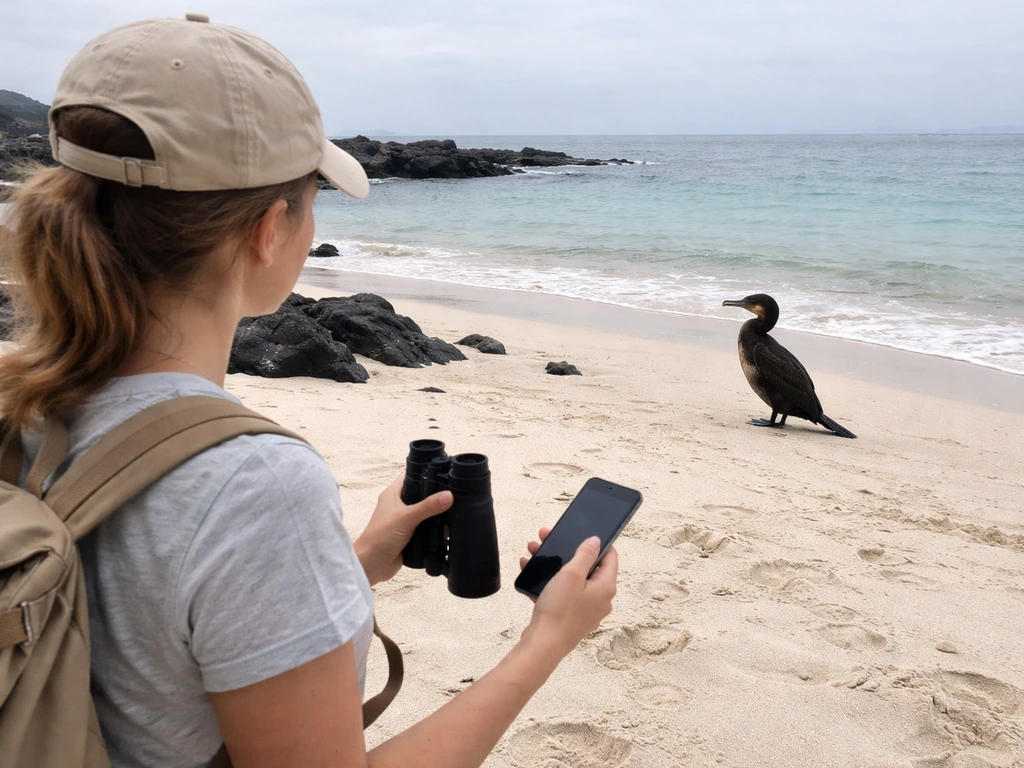 Visitor observes a flightless cormorant from a safe distance with binoculars and a phone.