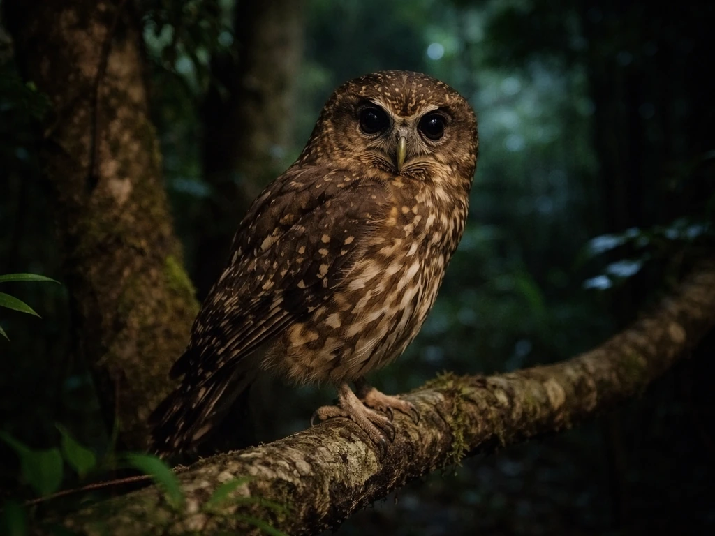 Morepork owl perched in New Zealand native bush at night under subtle moonlight.