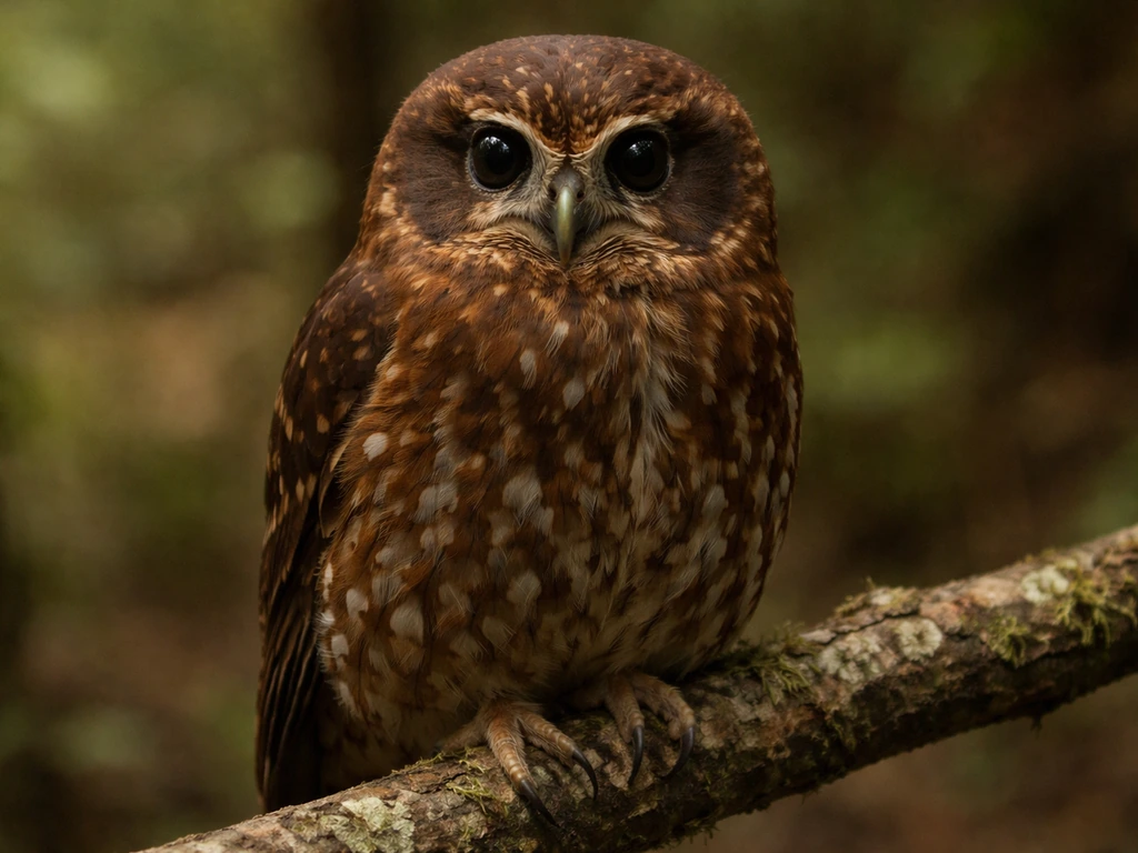 Close-up of an adult morepork owl showing compact brown-reddish body and facial disk