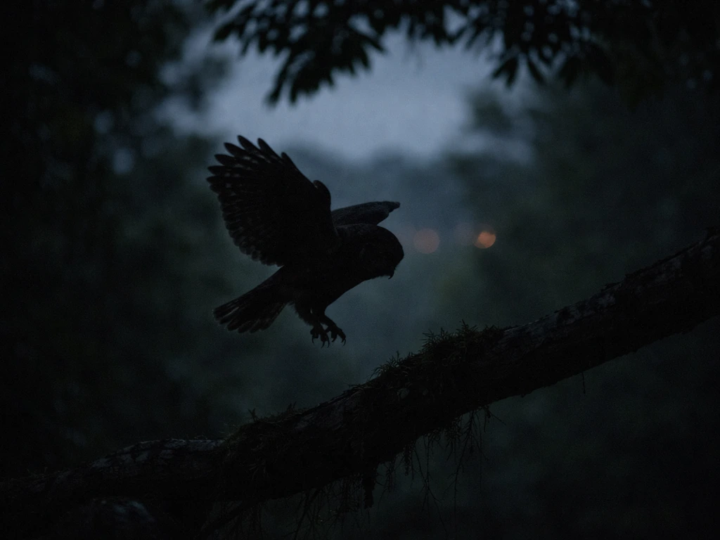 Silhouette of a morepork hovering near a tree perch at dusk, hunting in the dark.
