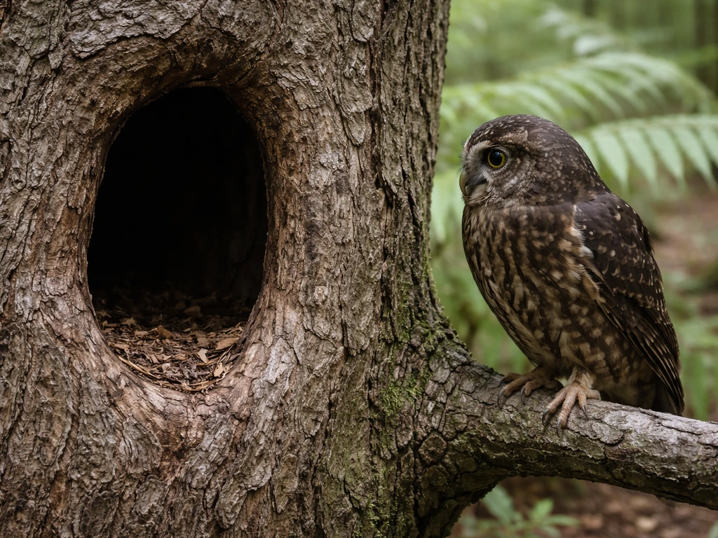 A small tree hollow used as a nest entrance with nearby morepork perched on a branch.