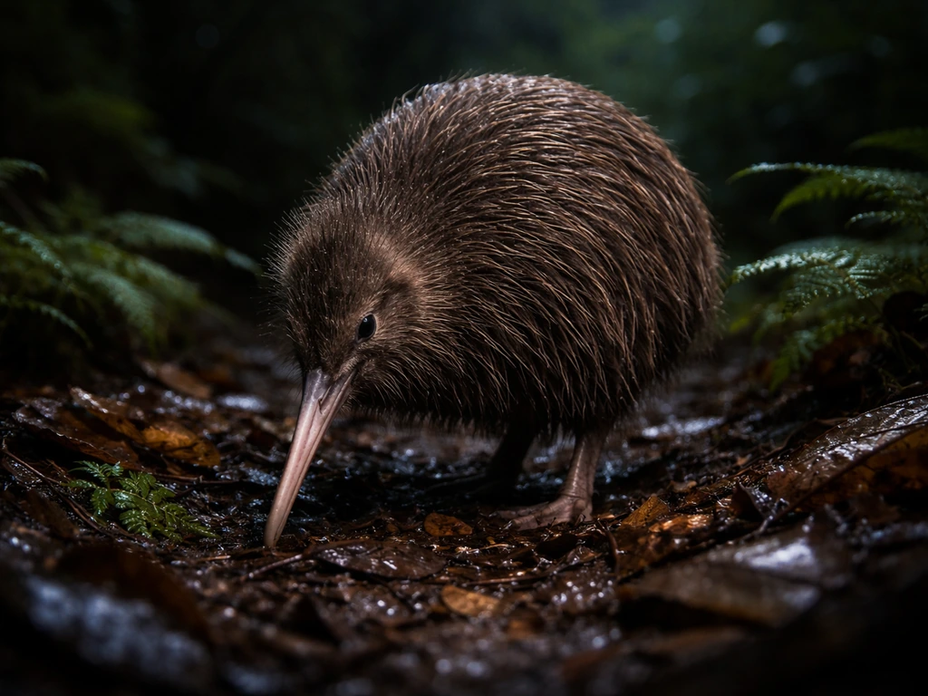 A shaggy-feather kiwi foraging on a dark forest floor at dusk, emphasizing it as a bird