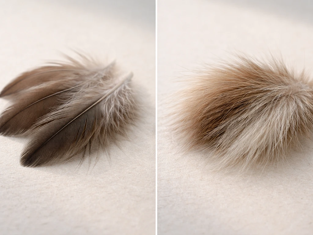 Close-up of two staged textures side-by-side: bird feathers and mammal fur on a neutral surface.