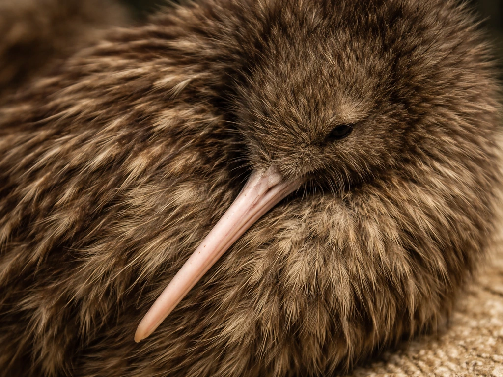 Close-up of a kiwi’s loose, shaggy feather texture with a fur-like, downy appearance.