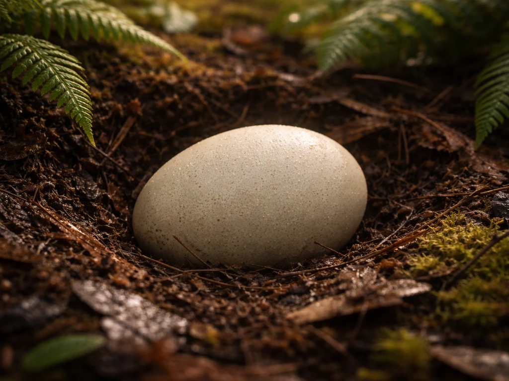 A kiwi egg nestled in leaf litter on the forest floor in natural New Zealand habitat.