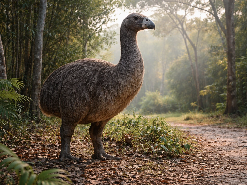 Reconstructed elephant bird standing in a quiet Madagascar forest clearing.