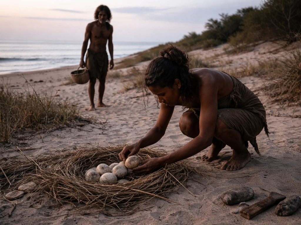 Early human settlers crouch to collect eggs from a ground nest near the coast on Madagascar.