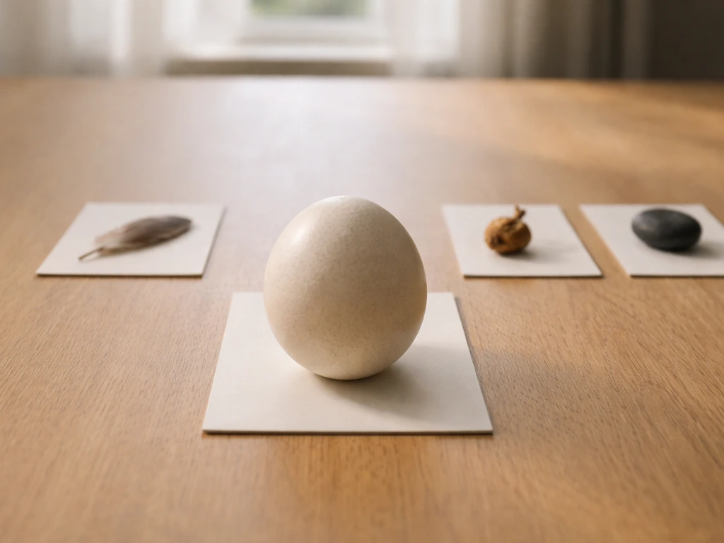 Minimal tabletop scene with elephant-bird egg shell emphasized among other extinct bird cues, no text.