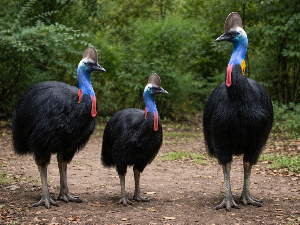 Three cassowaries of different sizes standing in a simple natural enclosure, showing height differences