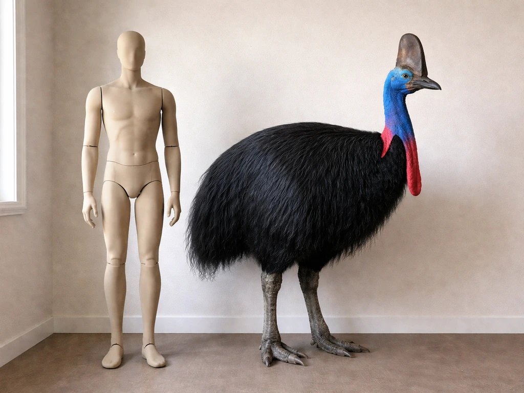 Large cassowary standing next to a generic 170 cm height reference to show height perspective.