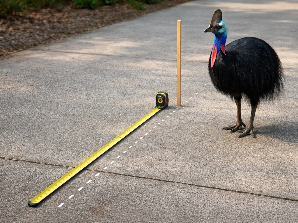 Cassowary beside a chalk ground line with measuring tape and a height stick for estimating body height.