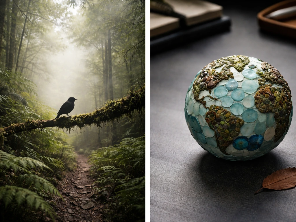 Minimal split scene with a forest setting on the left and a globe-like nature object on the right.