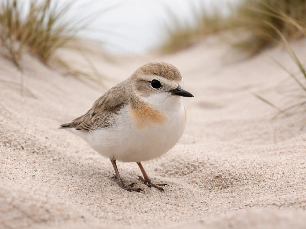 Close-up of a small coastal dotterel standing on sand in New Zealand dune habitat