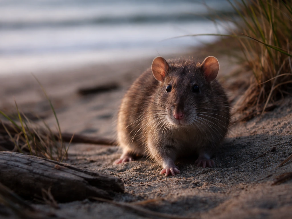Brown rat on sandy coastal habitat near driftwood and grasses with the ocean softly blurred behind