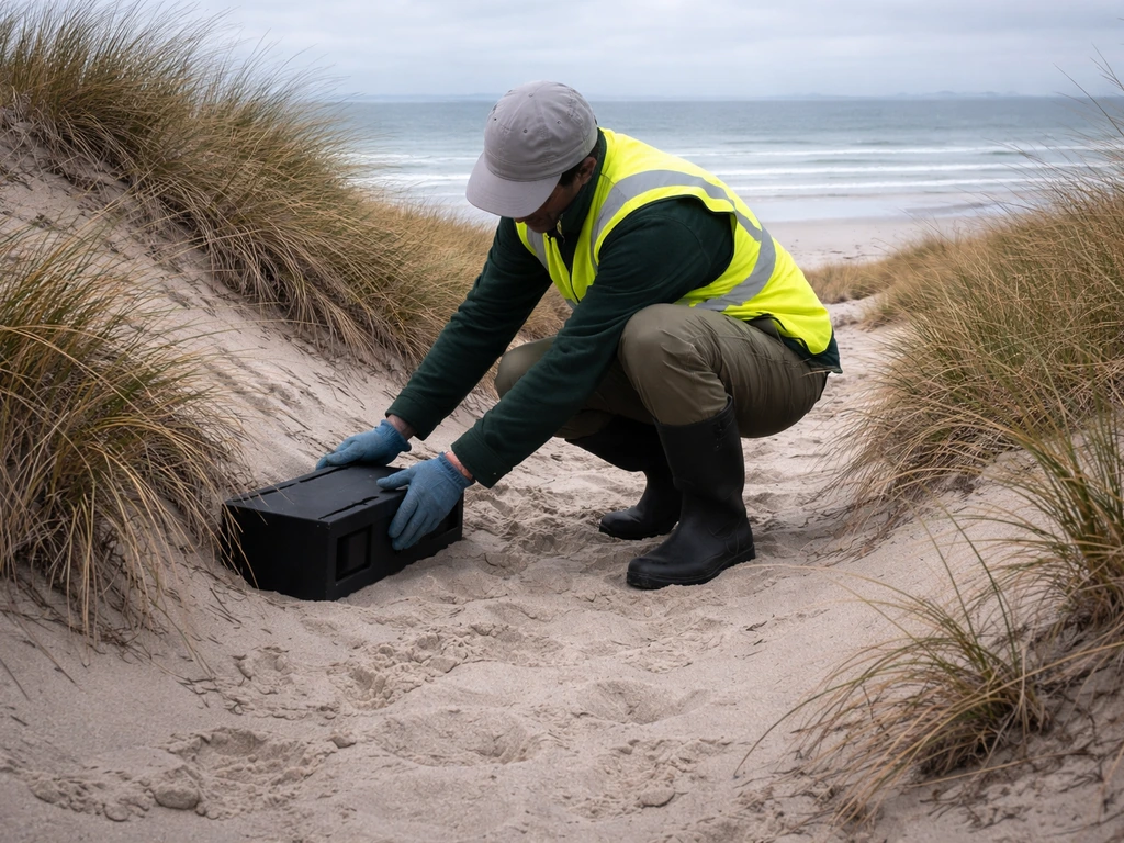 DOC conservation team member placing predator-control bait station near coastal dunes at a breeding site