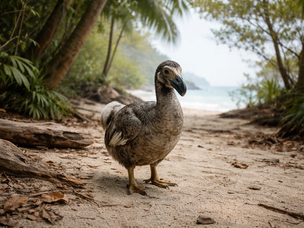 An extinct dodo bird in a quiet historical island forest, showing it as long gone