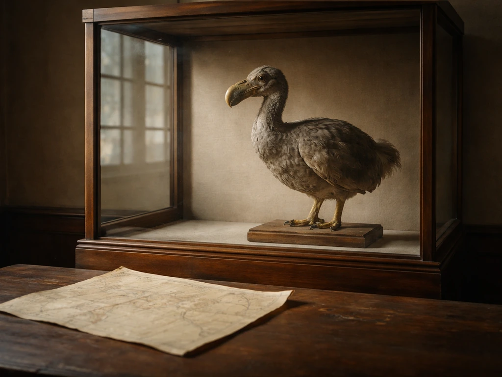 An empty coastal museum display with a preserved dodo specimen behind glass and a 17th-century map page nearby.