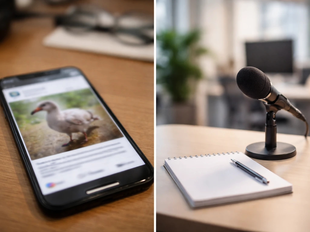 Split-style scene showing a blurry phone hoax post area next to an empty newsroom desk for fact-checking.
