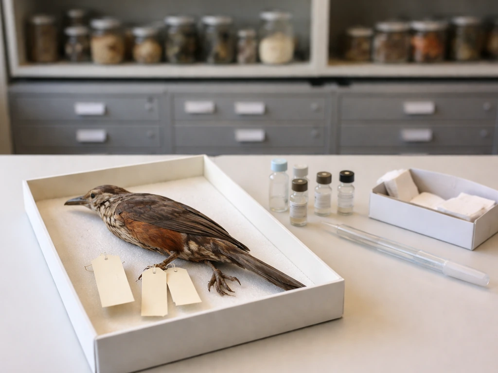 Museum lab still life with an extinct bird specimen tray, glass vials, pipette, and blank tags