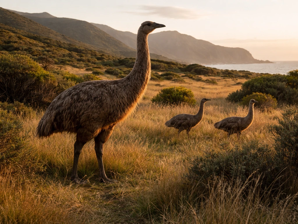 Several flightless moa birds, including a larger giant moa, in a New Zealand landscape at golden hour.
