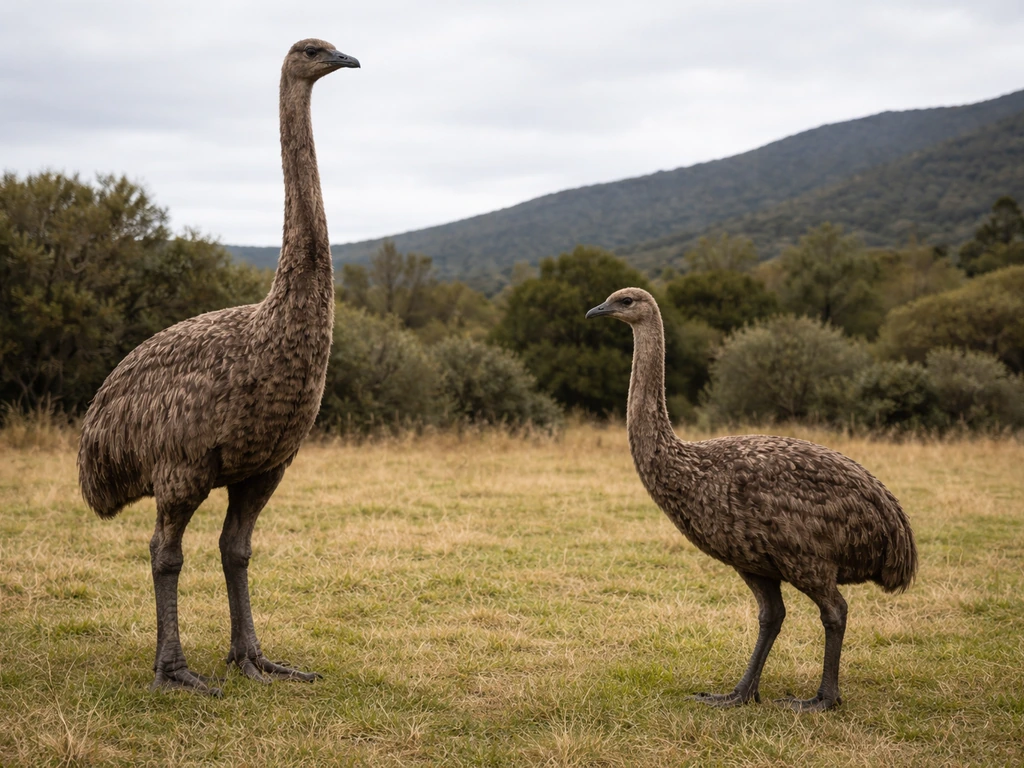Side-by-side restoration silhouettes of giant moa and smaller moa on a New Zealand grass plain.