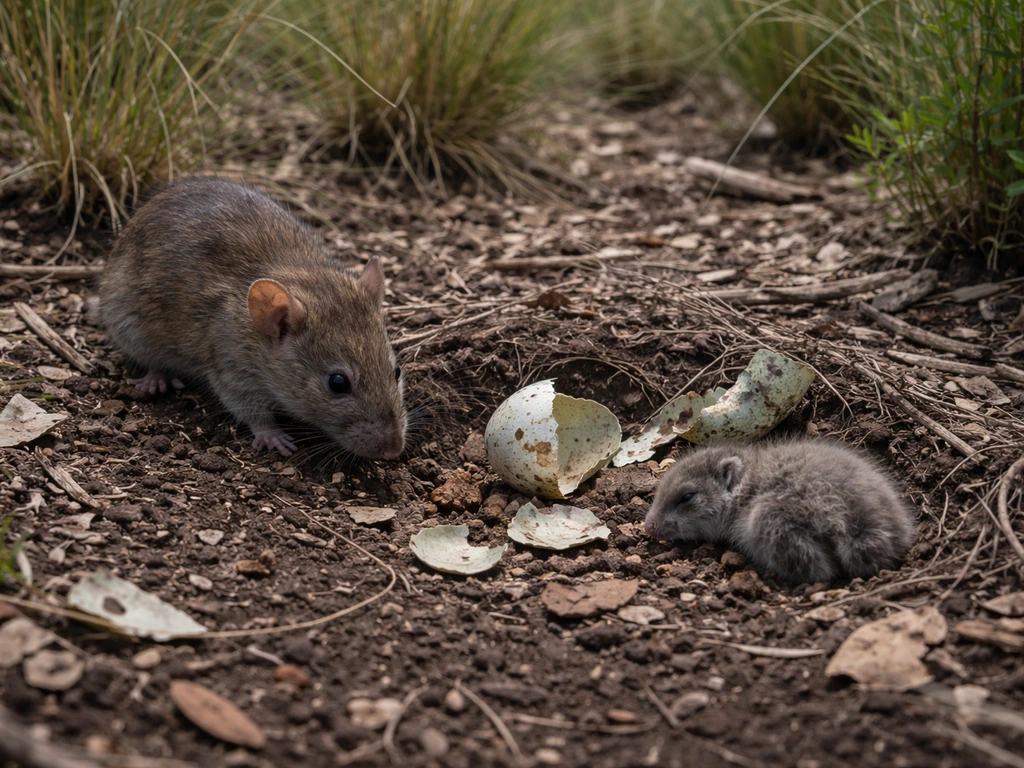 A Pacific rat near a ground moa nest, with moa egg fragments in a quiet New Zealand scrub.