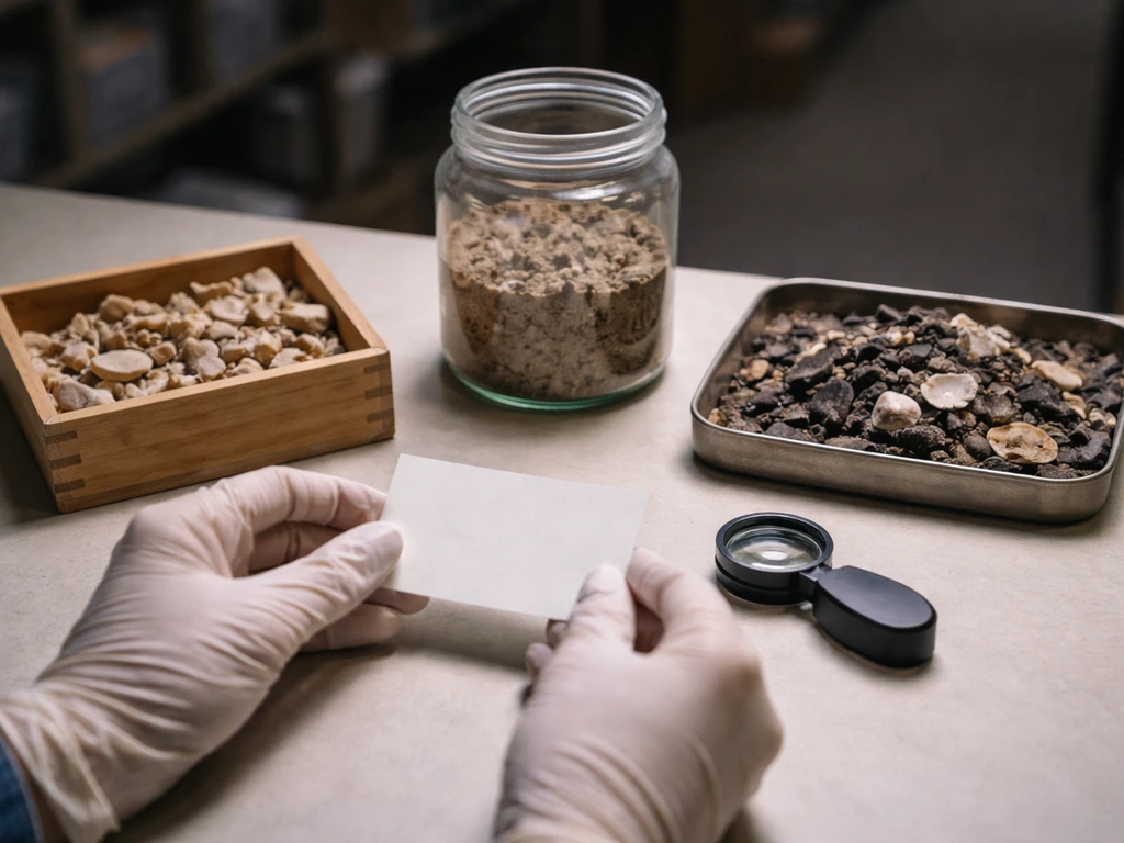 Tabletop with three separated evidence items: bone fragments, cave sediment, and midden debris for radiocarbon dating.