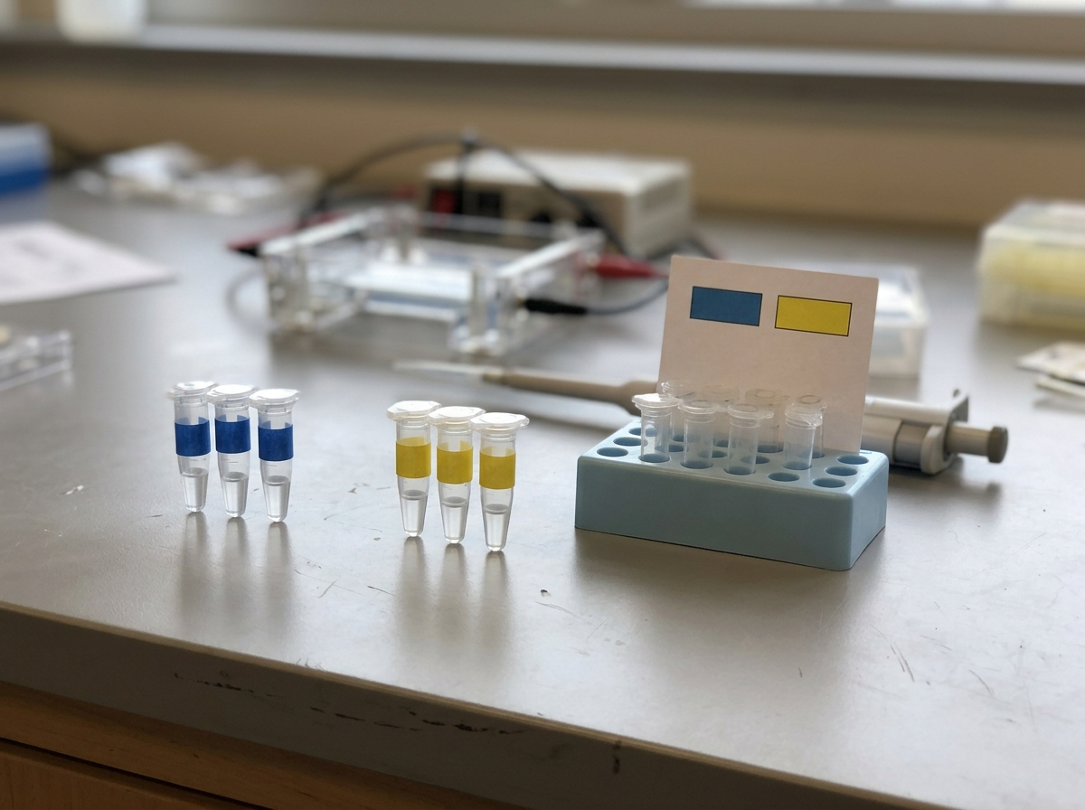 Lab bench setup with DNA extraction tubes and gel equipment illustrating genome components