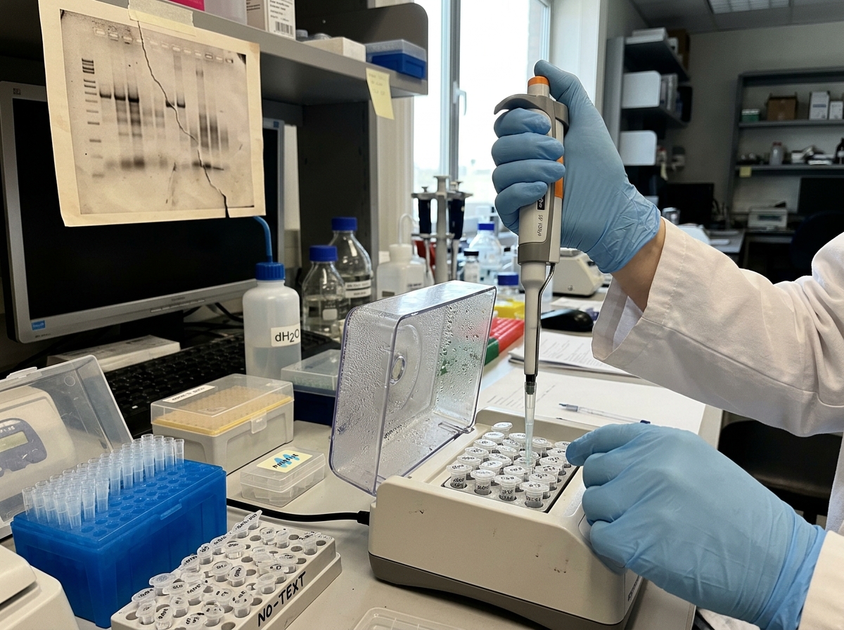 Ancient DNA extraction workflow with pipette tips, tubes, and a heat block
