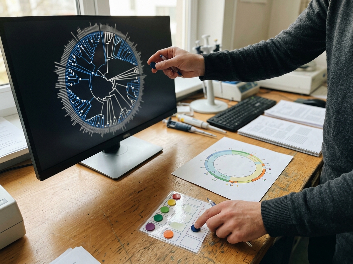 Phylogenetic analysis setup with blurred tree and mitochondrial genome map prints