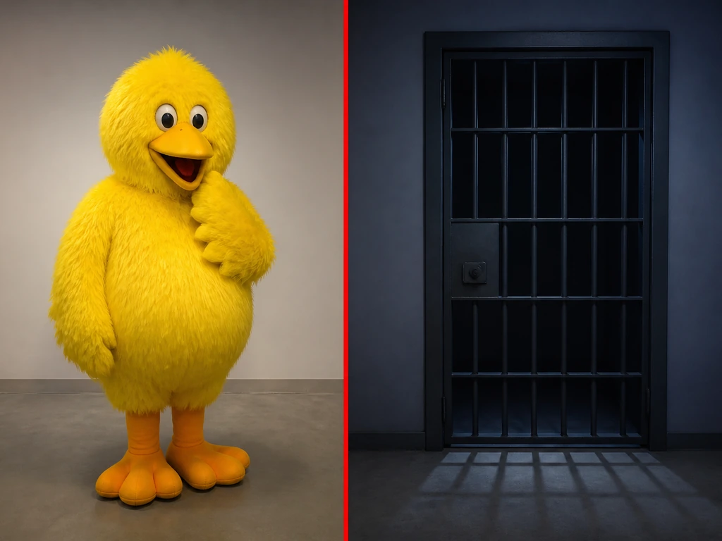 Big Bird-like yellow character in front of a simple jail door with a split red fact vs fiction look