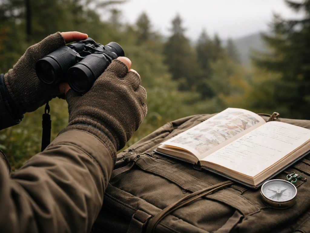 Person using binoculars and a small field guide to identify an endangered bird outdoors