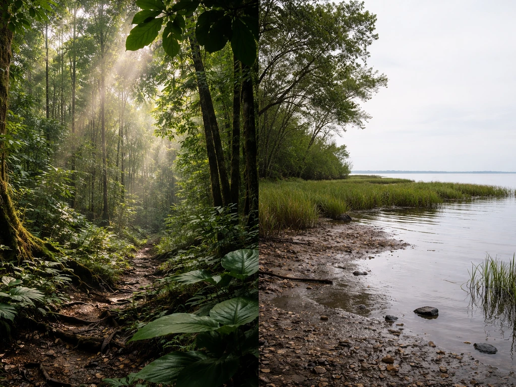 Two contrasting habitats side-by-side: tropical forest greenery and a coastal wetland with muddy water and grasses.