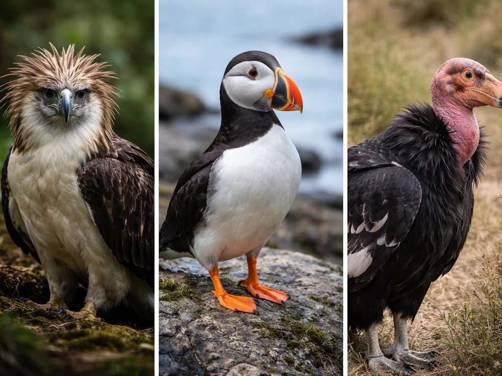 Three-panel wildlife collage of endangered birds in simple natural habitats.