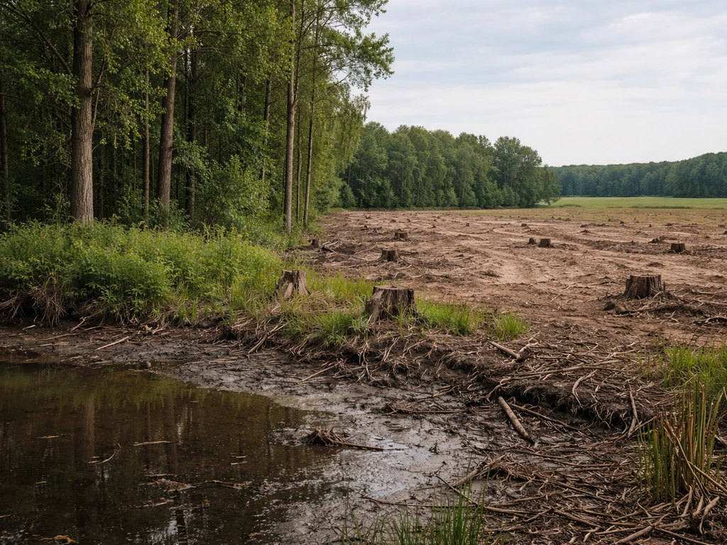 A split view of forest cleared for farmland and a damaged wetland shoreline.
