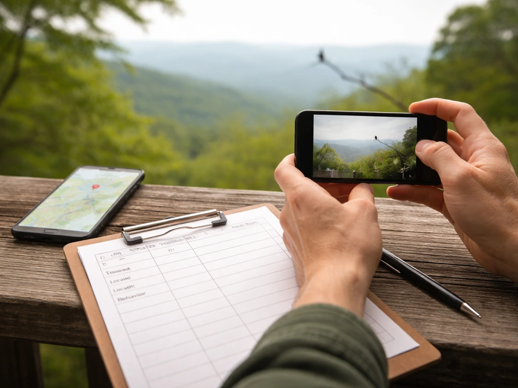 Phone camera photographing a distant bird, with a notebook checklist and GPS pin on a desk.