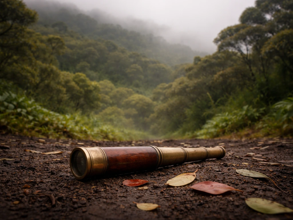 Antique spyglass in misty ʻōhiʻa forest layers suggesting habitat retreat to high elevations.