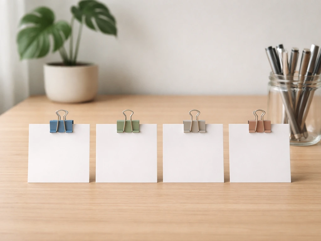 Minimal tabletop with four blank cards and color clips suggesting a comparison table layout.