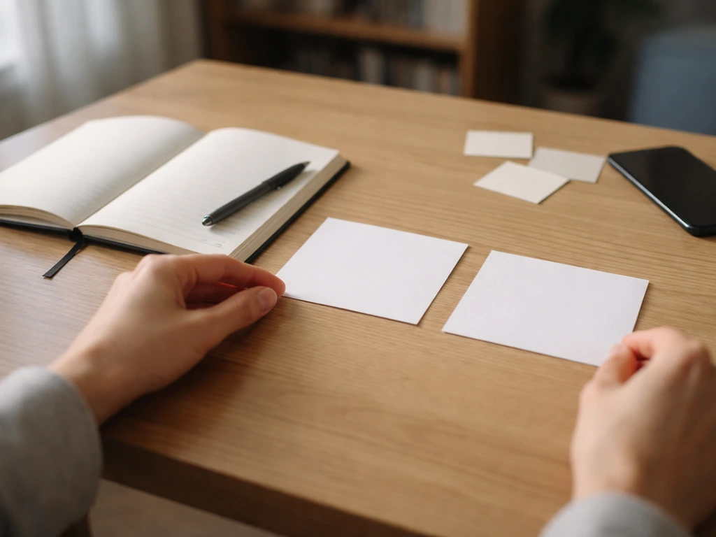 Clinical researcher comparing therapy outcomes on a notebook with methods and results cards