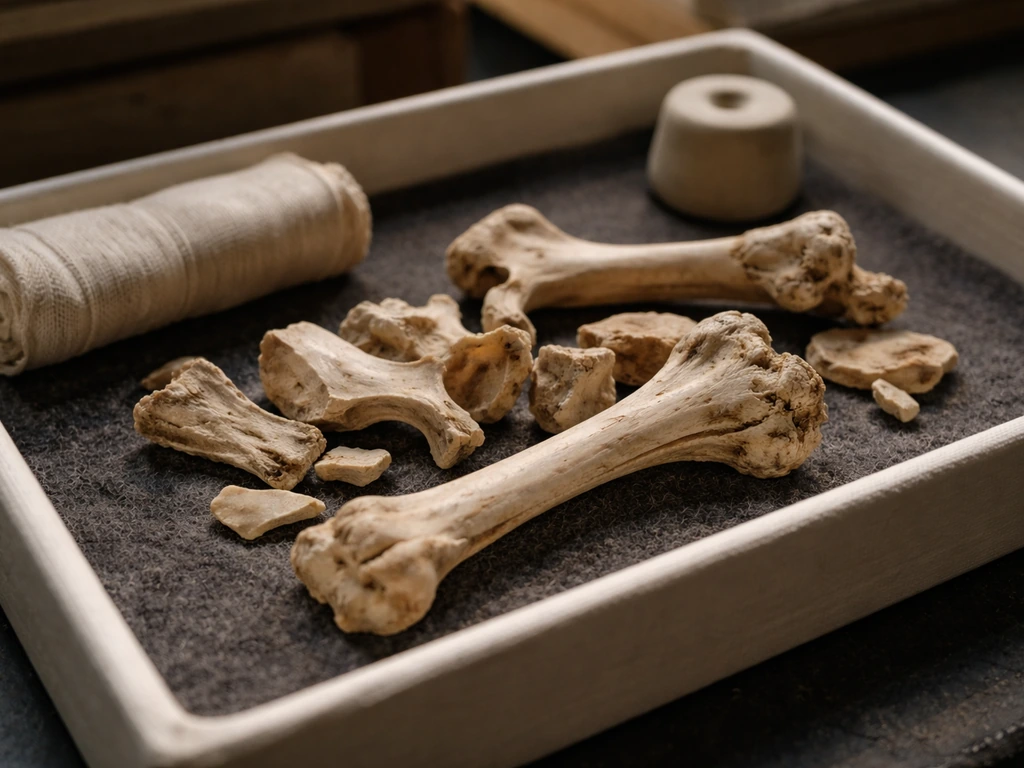 Close-up of dodo subfossil bones in a museum-style display with natural history artifacts nearby