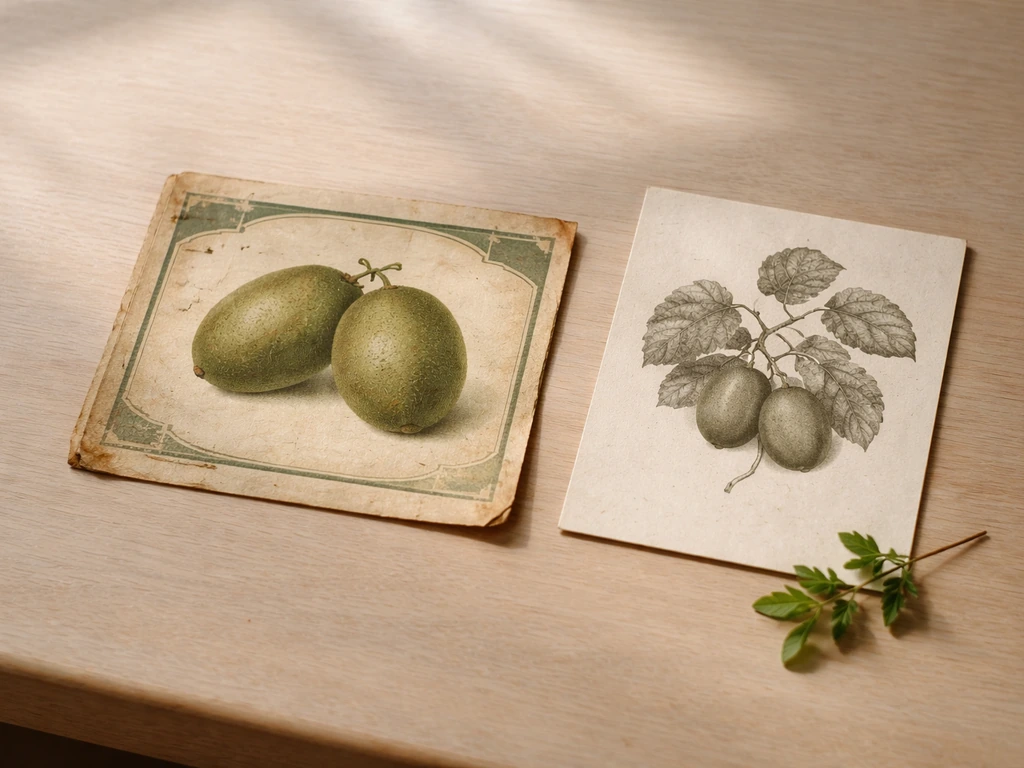Vintage-style New Zealand fruit label concept beside a botanist card showing Actinidia deliciosa.