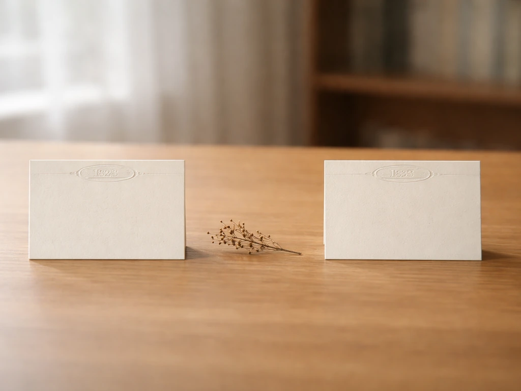 Minimal desk scene with two dated cards, representing 1828 and 1835 naming milestones.