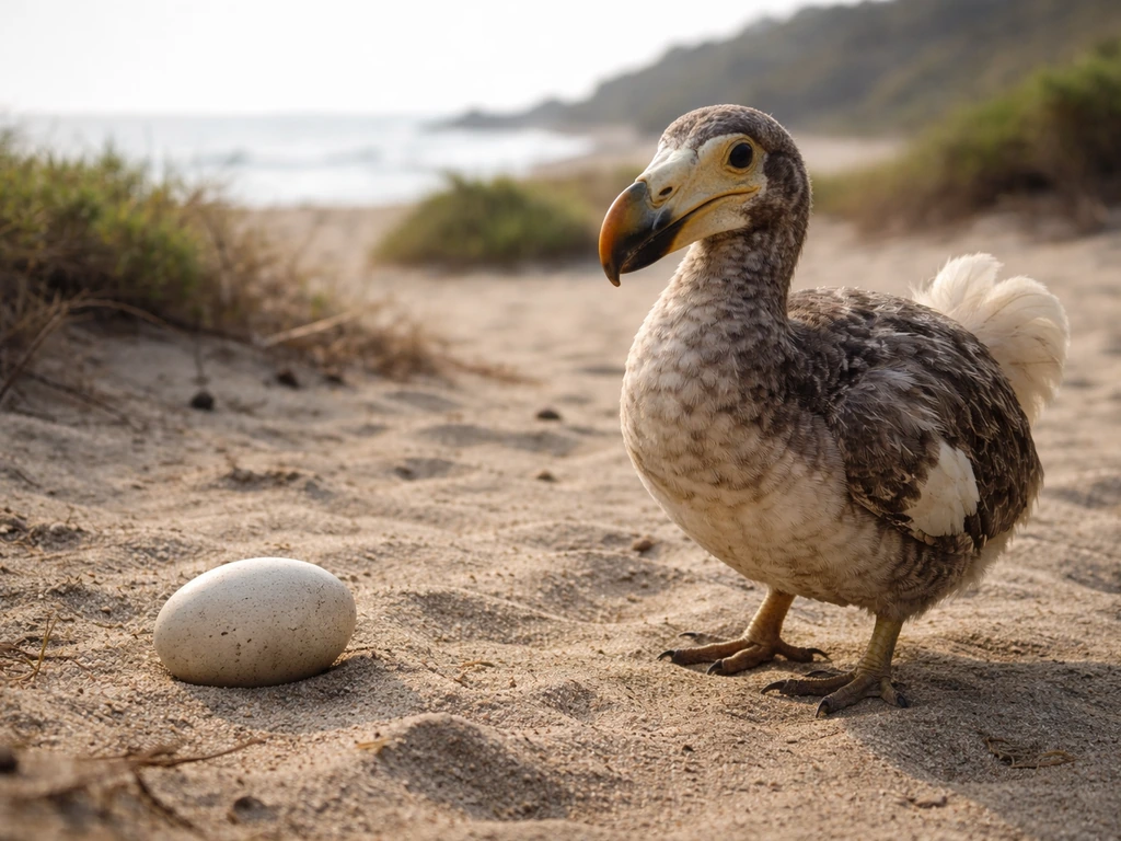 A dodo-like bird with feathers stands on an island sandbank beside an egg.