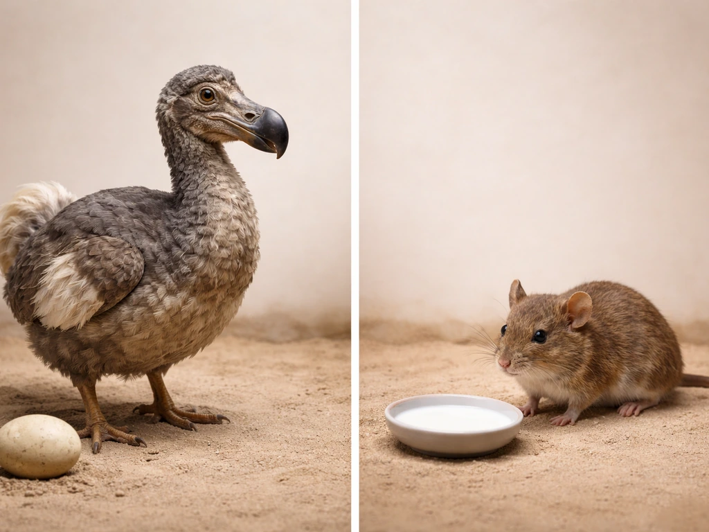Side-by-side photo of a realistic dodo with feathers and egg next to a small furry rodent with milk.