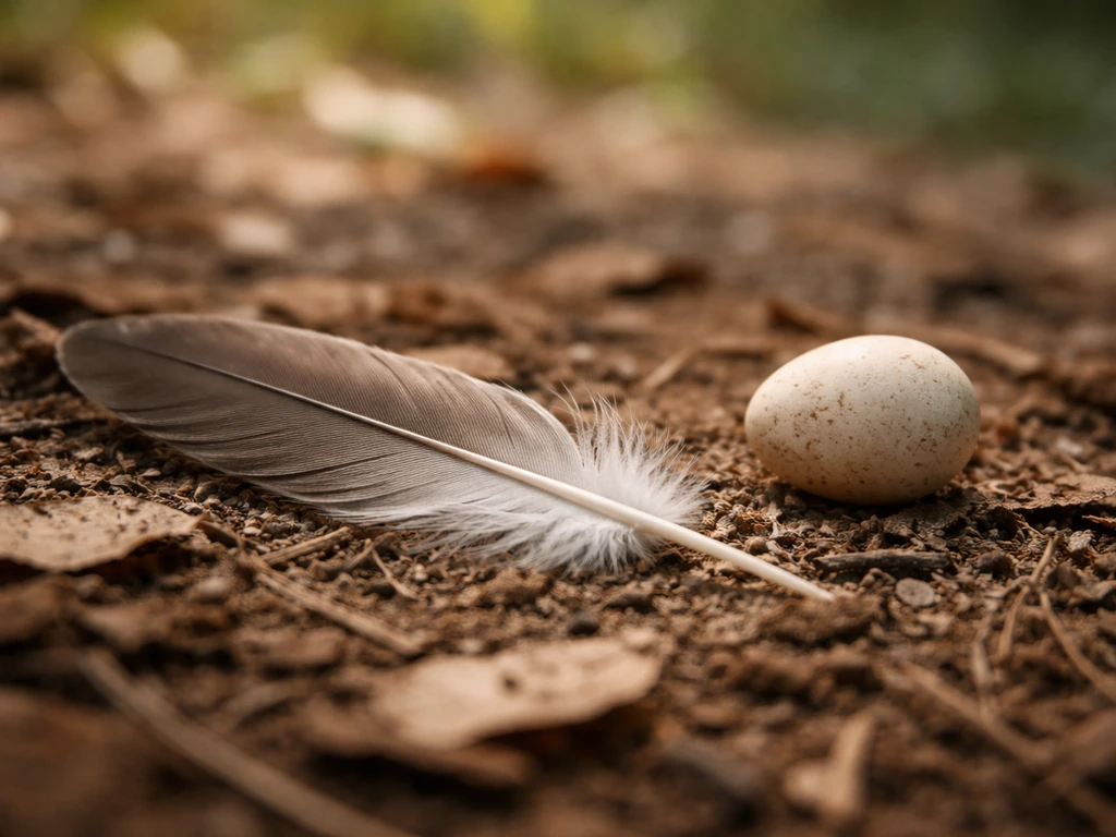 Close-up of a feather and a hard-shelled bird egg on natural ground in soft daylight.