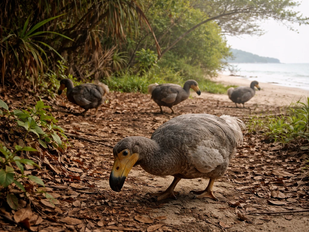 Flightless dodo birds foraging at a Mauritius forest edge near a sandy shore at natural daylight.