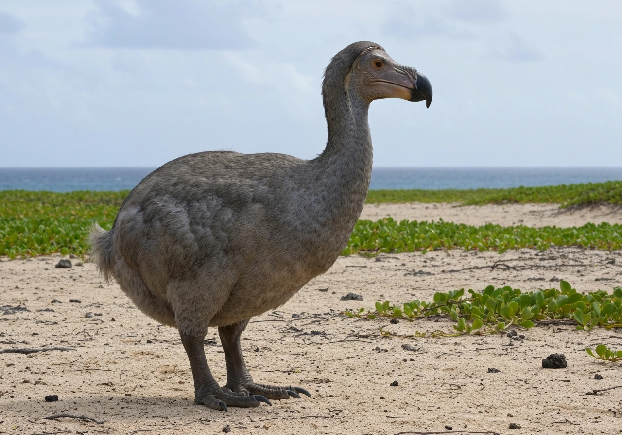A life-size dodo stands on a quiet Mauritius shoreline with sparse coastal plants and ocean behind